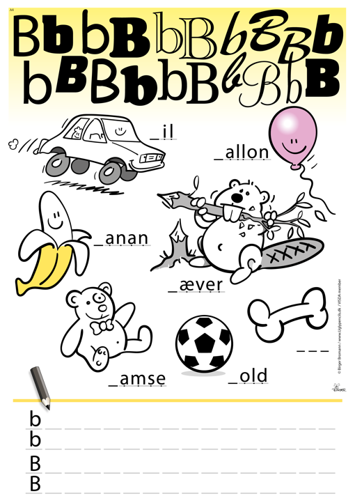 Bogstavet B opgaveark. Udfyld ord og farvelæg tegninger A4 format