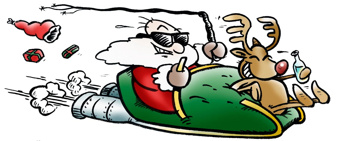 Santa and rudolf in jet cane illustration fast and furious