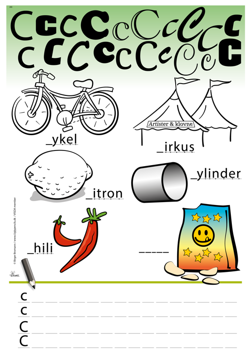 Bogstavet C opgaveark. Udfyld ord og farvelæg tegninger A4 format